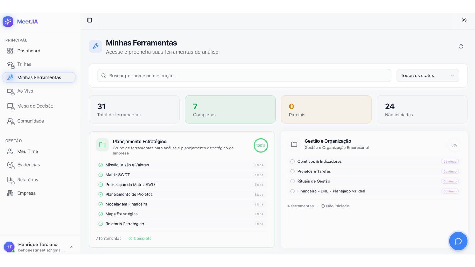 Painel de ferramentas da plataforma Meet.IA